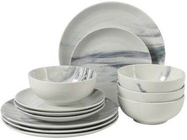 Gibson Home Cloudlight 12 Piece Plates and Bowls Dishes - Decorated Porcelain Ceramic Dinnerware Set - Service for 4