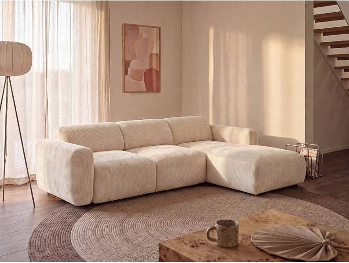 Großes modulierbares Ecksofa Rechts aus Feincord in Beige von Maison Céphy POGNI