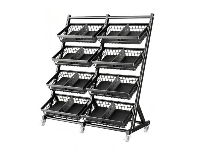 Dexinhdh Rollbarer Verkaufsständer für Snacks Metall-Obstkorb und Gemüseständer für Supermärkte, Convenience-Stores und Gewerbebetriebe(Black,D)