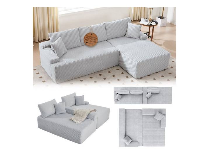 Juskys Ecksofa Coredo, Ecksofa, mit Rücken- & Dekokissen, Cordbezug, Modular platzierbar