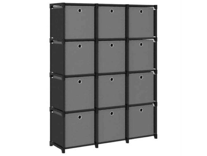 ROMHZKS Würfel-Regal mit 12 Boxen Schwarz 103x30x141 cm Stoff Standregal Freistehend, Stoffboxen je Fach, Stahlrahmen, Bücher, Sammlerstücke, kleine Topfpflanzen