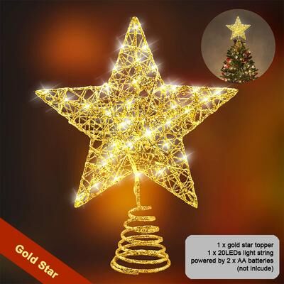 Multicon Wholesale Hub Star Tree Topper For Christmas With LED Lights, Battery Powered Glitter Metal Decoration For Holiday Tree gold Star
