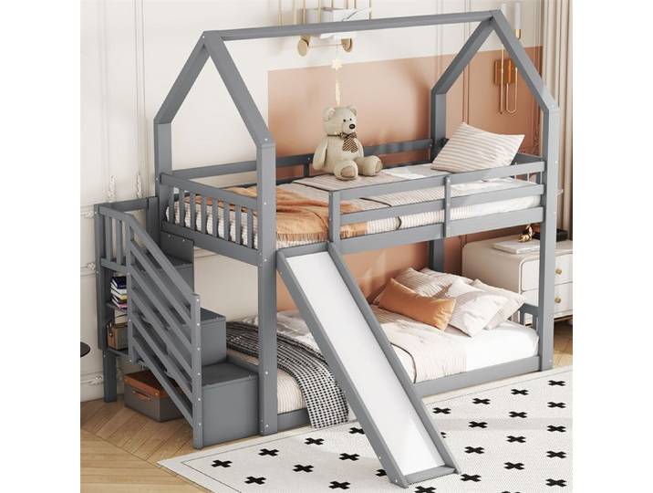 DRIPEX Lit Superposé 90x200 cm avec escalier de rangement et toboggan lit de maison avec clôture pour enfants Gris