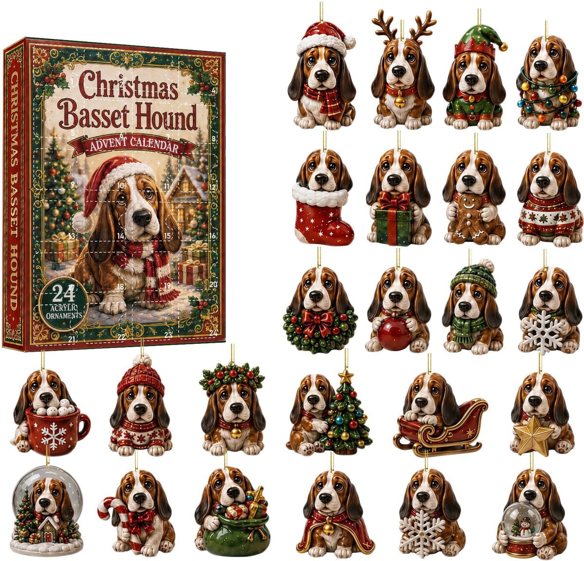 Kerst-adventskalender met Basset Hound verrassingsdoos inclusief acrylornament voor kerstdecoratie