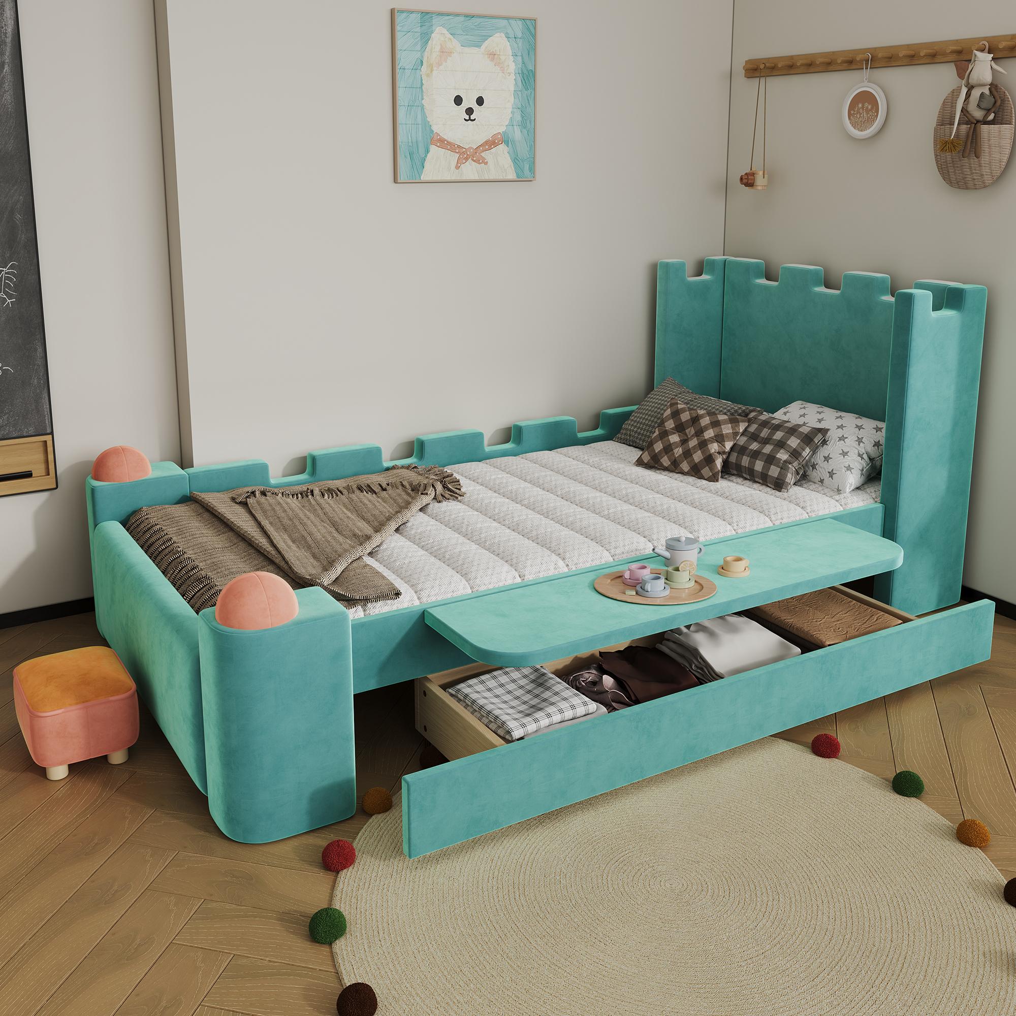 MODFU Jugendbett 90x200 mit Stauraum-Schublade,Kinderbett mit klappbarer Seitenablage,Polsterbett im Burg-Design,Samt,ohne Matratze,Blaugrün