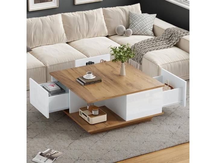 Table basse avec 3 tiroirs Table basse géométrique haute brillance 70x70x31.5cm table de canapé table D'appoint blanc + couleur bois