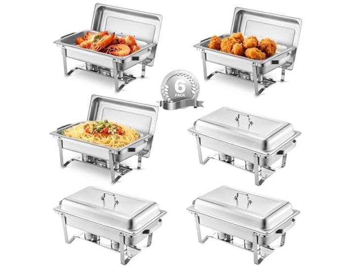 VEVOR Chafing Dish Buffet Edelstahl-Chafing Dish mit 6 Pfannen in voller Größe (7,5 L), rechteckiger Catering-Wärmespender mit Deckel & Wasserpfannenständer & Brennstoffhalter, für Partys, Silber