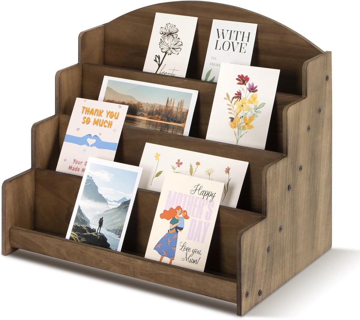 SnelShoppen Houten Kaartenstandaard voor Postkaarten en Stickers, 4-Lagen Organizer, Bruin
