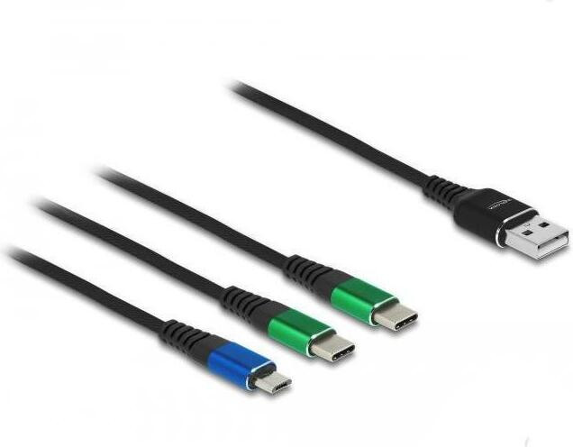 Delock 3-in-1 USB-oplaadkabel Type-A naar Micro USB en 2x USB Type-C, 30 cm, zwart, blauw, groen