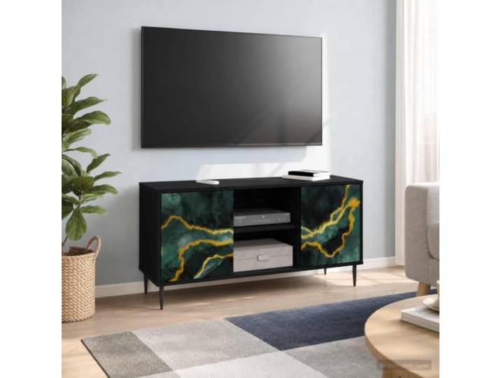 TV-Schrank WIJHE 102 x 33 x 51 cm Schwarz Eichen-Optik Holzwerkstoff Erhoehte Fuesse, Luftzirkulation, dekoratives Muster, einfache Montage, pflegeleichte Oberflaeche