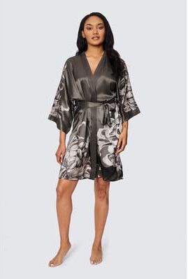 KIM + ONO Washable Silk Kiku Kimono Robe - Short   KIM+ONO - charcoal / one size