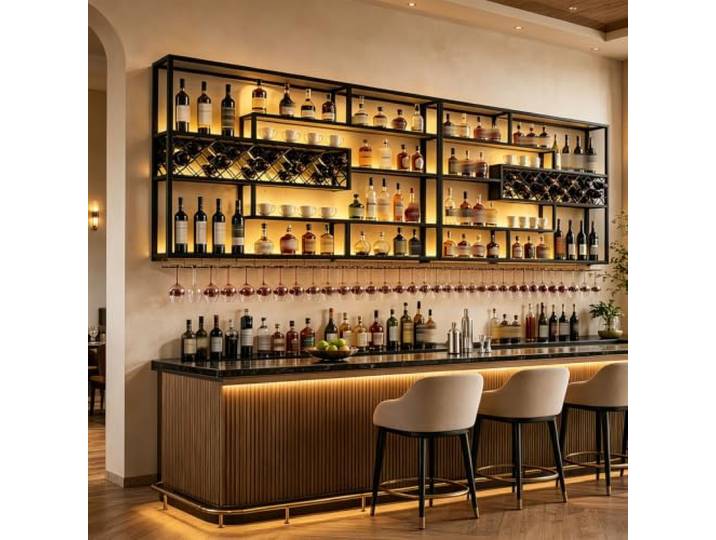 Alkmla 240cm Groß Weinregal Wand, Wandmontage Bar Regal Wand Weinregale Display Rack Hängend,Holz,Metall,Schwarz,Glashalter für Bars, Wohnzimmer, Küche, Restaurant