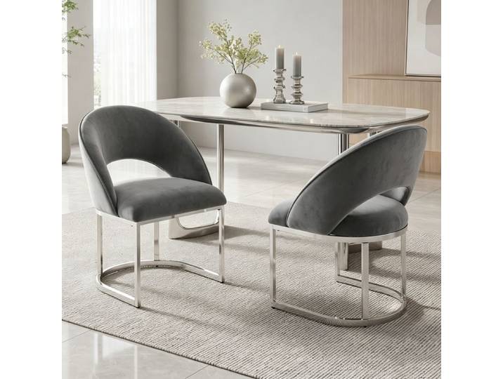 Lot de 2 Chaises de Salle à Manger Modernes Chaises de Cuisine Rembourrés Pieds de Chaise Plaqués Argent Tissu Velours Gris+Argent