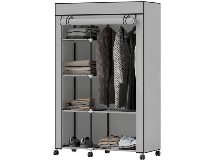 LIA Armoire penderie tissu 6 roulettes tringle étagères ouvertes 103x43x162 5 cm gris