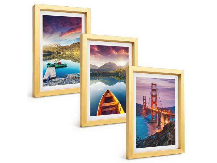 BILDER SET 3er Set - 20x30 cm Goldrahmen - Bergblick auf den See und die Brücken