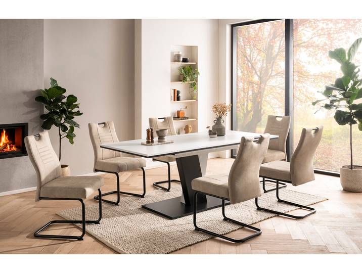Essgruppe GOODPRODUCT Altona , Esstisch ausziehbar plus 6 Stühle , beige (weiß, beige, beige, schwarz), Microfaser, Synchron-Auszug, Sitzmöbel-Sets, Essgruppe, Säulentisch 140-180x90 cm, Stuhl mit Federkorb, 140 kg belastbar