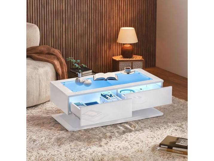 Table basse contemporaine blanc brillant 100x50x35 cm avec LED et tiroirs