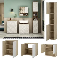 Vicco Badmöbel-Set Badezimmer-Möbel Bad-Schrank Edge Eiche Weiß modern Badezimmerschrank Waschbeckenunterschrank Spiegelschrank Hochschrank Badezimmerkommode