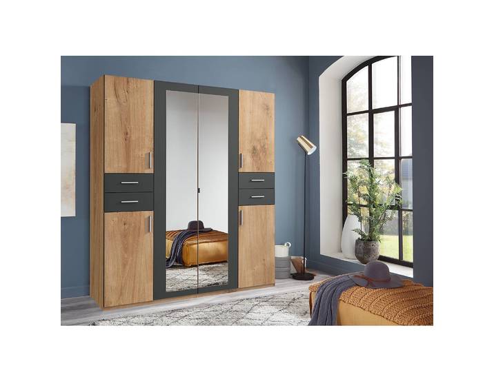Drehtürenschrank 180cm Schwarz/Braun/Graphit/Eiche Dekor