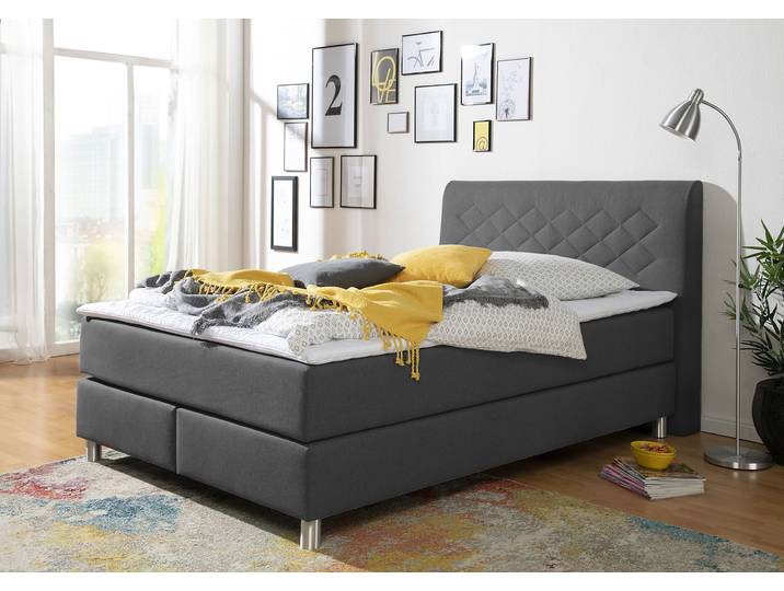 Boxspringbett, 100% Polyester, Grau, 140×200 cm, Inkl. Topper, Modern, Inosign