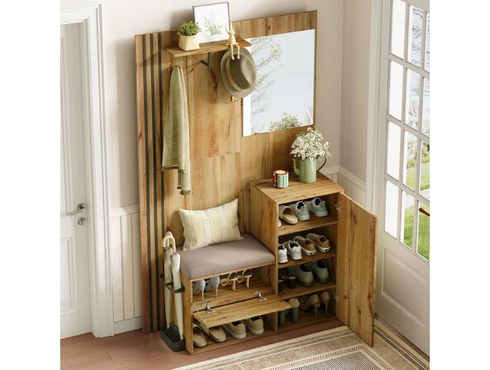 Meuble d'entrée - Becag - Vestiaire d'entrée avec miroir et coussin - Ensemble vestiaire - 115x37x185cm - Naturel
