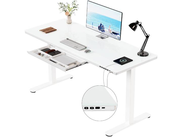 Bureau réglable en hauteur en verre Devoko, bureau électrique réglable en hauteur 140x70 cm avec tiroir