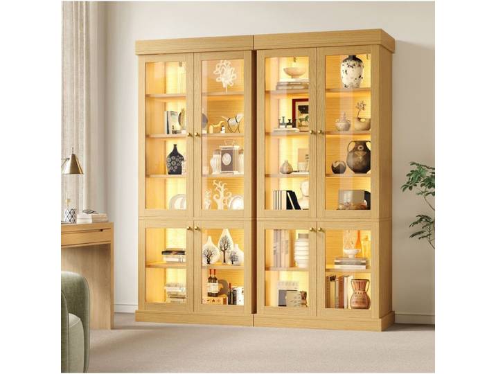 HOMVRA Vitrine buffet haut 160x40x180 cm avec LED portes vitrées bois naturel MDF et métal