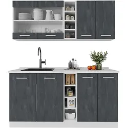 Vicco Singleküche R-Line 160 cm Schwarz Beton Weiß mit Arbeitsplatte Weiß Marmor