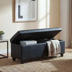 Aufbewahrungs-Truhe Kriens, Sitzbank Bank, Kunstleder, 45x114x45cm ~ schwarz matt
