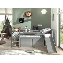 Kojen-Spielbett mit Liegefläche 90 x 200 cm, inkl. Leiter, Regal, Rutsche, Rolllattenrost und 2 Schubkästen, Kiefer und MDF grau lackiert