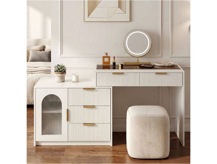 MEULVA Coiffeuse extensible 90-160 x 40 x 75 cm avec miroir LED tactile verre trempé 4 tiroirs blanc