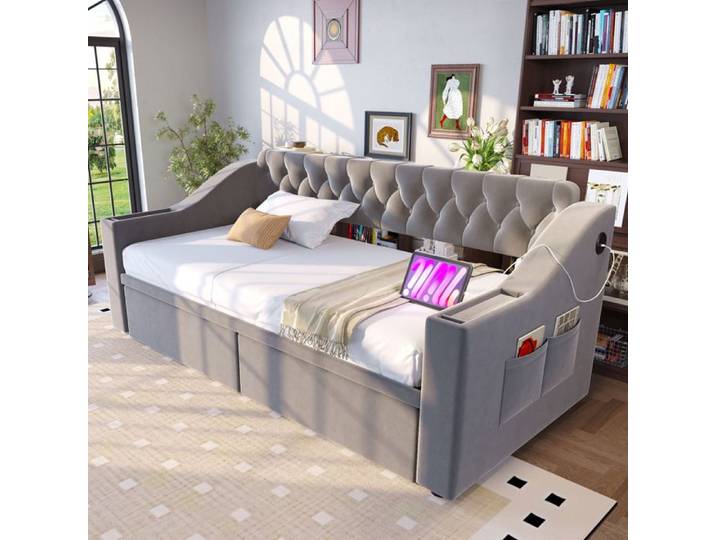 Lit banquette rembourré SENVIRO – rangement intégré et ports de charge – 90 x 190 cm