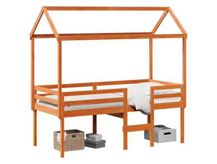 PUGYNBK Hochbett, Massivholz, Kiefer, 75 x 190 cm Mit Geländern und Treppe, offene Seitentür, inklusive Decke, ideal für kleine Räume