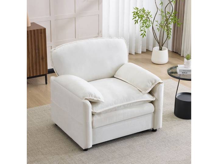 Canapé une place rétro blanc et épuré 96x92x90 cm Blanc Mousse + ressort bois canapé convertible salon moderne