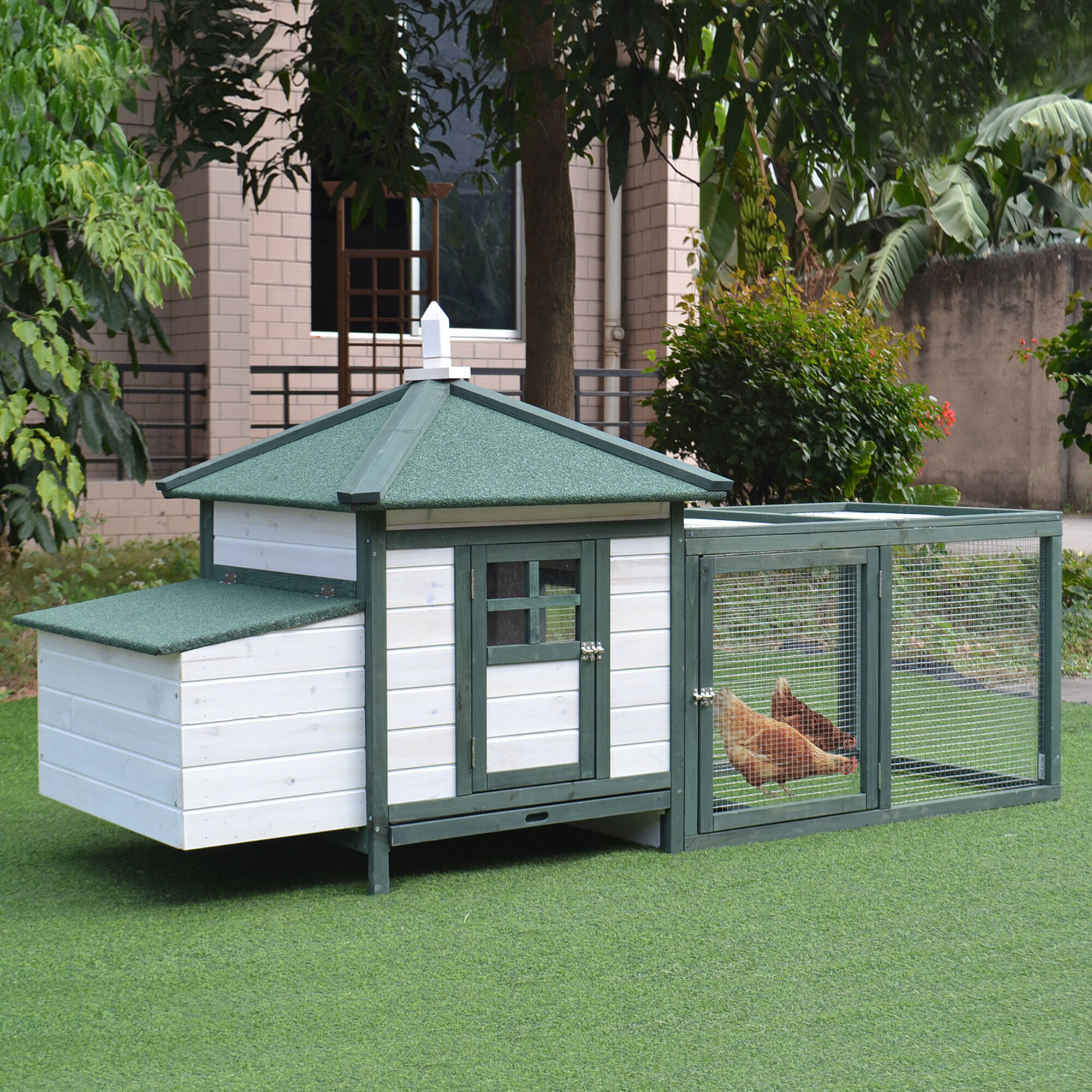 Altro Pollaio Da Giardino In Legno Con Rampa E Vassoio, 196x76x97cm, Bianco E Verde