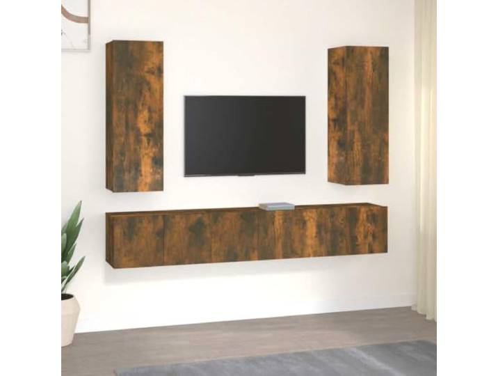 HEFZGDB 5-TLG. TV-Schrank-Set Räuchereiche Holzwerkstoff mit Wandmontage und viel Stauraum für Wohnzimmer