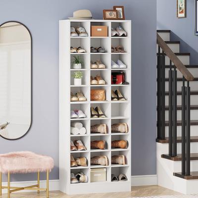 Jiallo "25"" 10-Tier White Wooden Shoe Storage Cabinet, Modern 30-Cubby"