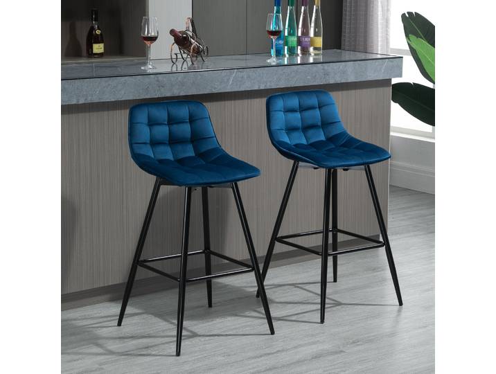 HOMCOM Tabourets Hauts Nordiques Velours Bleu Métal, 2 Pièces
