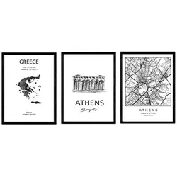 POSTER Set Mit 3 Athen Stadtplan, Akropolis A4 Rahmenlos