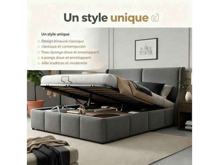 URTR Lit capitonné forme d'oreille tête de lit lit double hydraulique 140x190 cm confortable gris