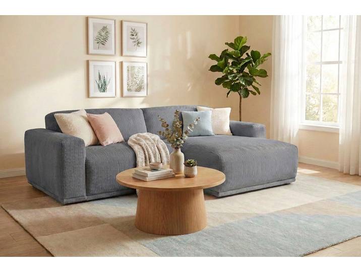 Ecksofa, Breitcord RIBBON, Anthrazit, 255×160 cm, Kaltschaum, Modern, Trendmanufaktur