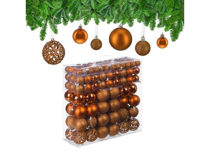 Relaxdays 150x Boules de Noël\, Paillettes\, Mates\, Brillantes\, déco Sapin\, Plastique\, diamètre 3\, 4 et 6 cm\, Orange