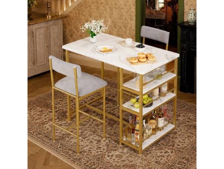 Garvee Bartisch Set 3-teilig, Stehtisch mit 2 Barhockern mit Rückenlehne, Küchentisch mit 3 Ablagen, Esszimmer-Set für Küche und Essbereich, Golden Marmor + Samtgrau