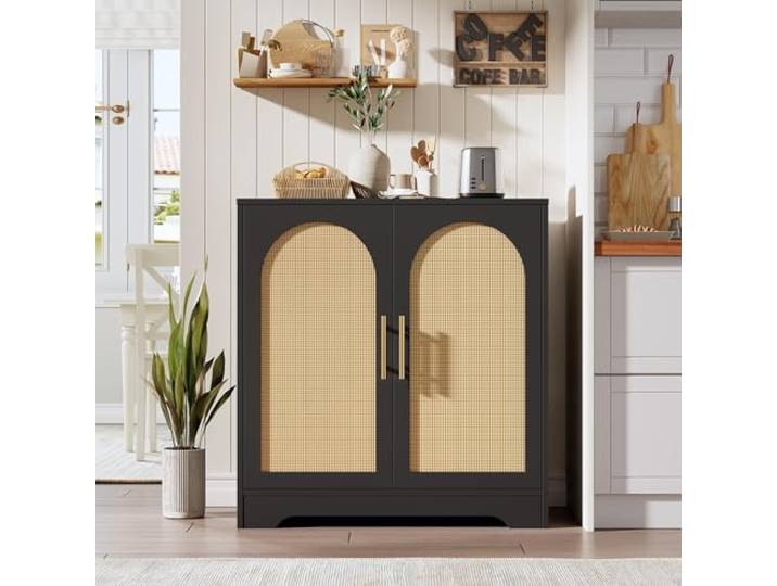 IDEALHOUSE Modernes 2/4-Tür Rattan Sideboard, Stauraum-Kommode, Schwarz Mit Metallgriffen, Festem Innenboden&Kippsicherung – Als Buffet, Wohn- Oder Coffee-Bar-Schrank