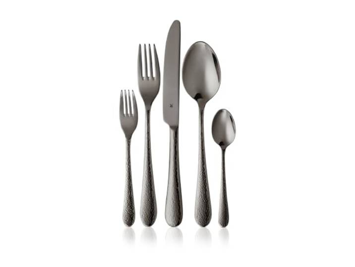 WMF Sitello Besteck Set 6 Personen, Midnight-Edition, Essbesteck Set 30 teilig, Monobloc-Messer, Cromargan Edelstahl poliert, Hammerschlag, ergonomisch, glänzend