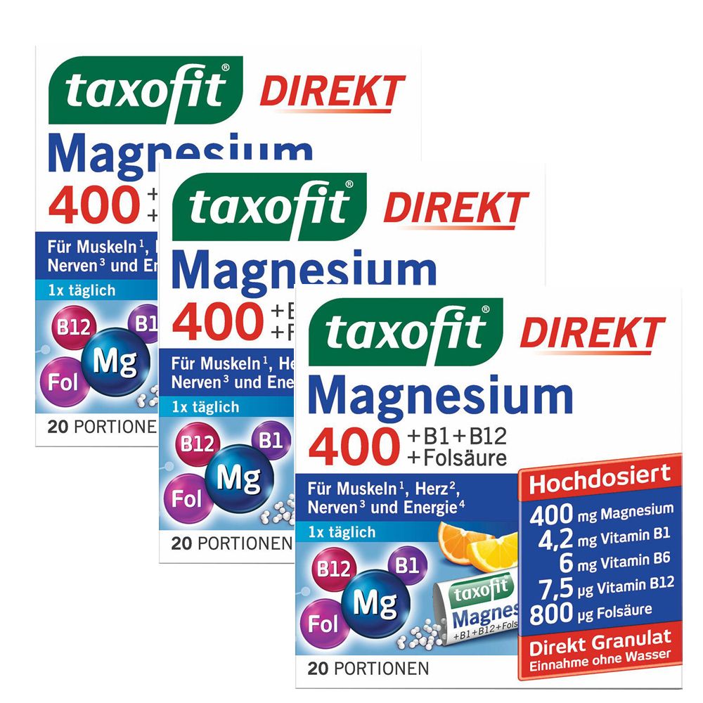 3x Taxofit Magnesium 400+B1+B6+B12+Folsäure 800 Gran. 3x20 St Granulat