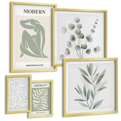 BILDER SET 5er Set - 50x50 cm & 20x30 cm & 40x60 cm Goldrahmen - Matisse entwirft Boho-Pflanzen