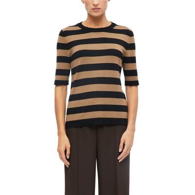 Strickpullover S.OLIVER BLACK LABEL, Damen, Gr. 38, braun (braun stripe), Strick, Obermaterial: 70% Viskose, 30% Polyamid, gestreift, normal hüftbedeckend, Rundhals, Bündchen, Pullover Strickpullover, Halbarm Sommerpullover mit Viskose / Rundhals