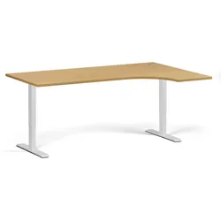 Höhenverstellbarer Schreibtisch, 2 Motoren, 74-121 cm, Ecke L/R, Tischplatte 180x120 cm, weißes Metallgestell, Buche
