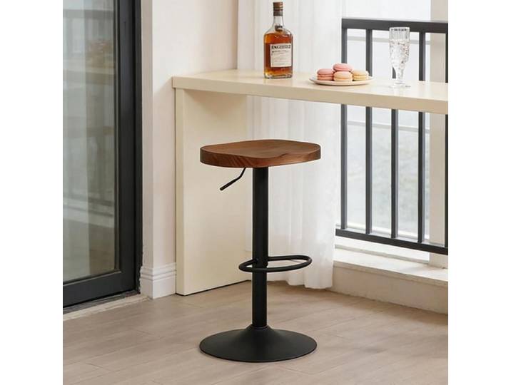 BELLEMAVE Tabouret de Bar Rotatif - Bois Massif - Pieds en Métal - Hauteur Réglable - Chaise de Cuisine - 1 Unité - Marron